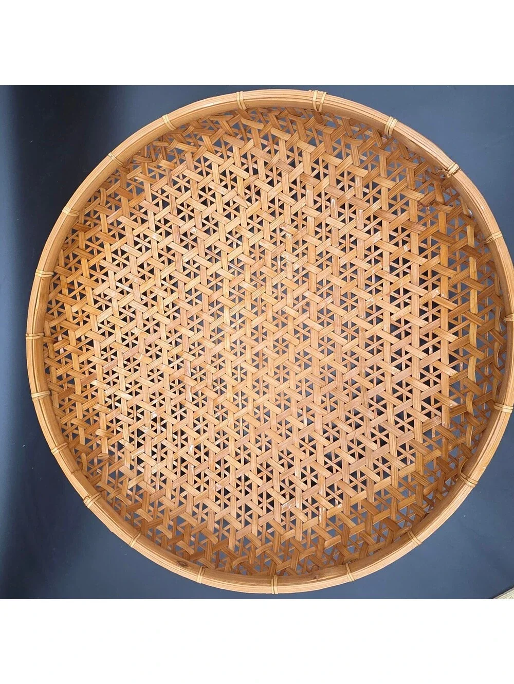 Vintage Japanese Handwoven Bamboo Basket Mutsume Ami Hexagonal Round Tray 16.5